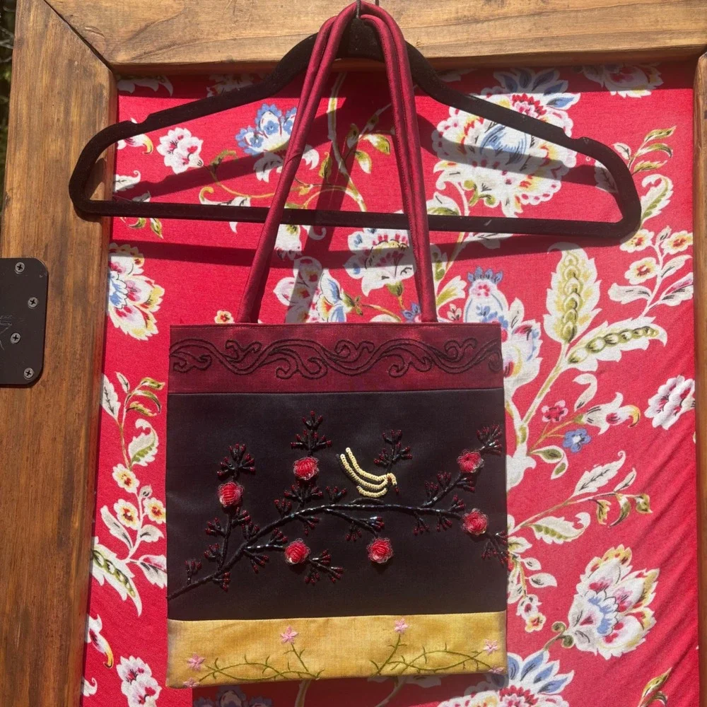 Small Beaded Sequin Whimsigoth Floral Bird Tote Bag 10X10